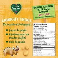 Collation biologique pour tous-petits biologique Little Gourmet Crunchy Crocs au cheddar végétal Collations soufflées aux céréales complètes