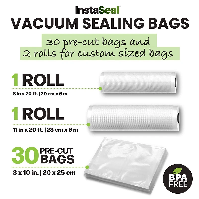 InstaSeal Transparent Sans BPA 2 Rouleaux et 30 Sacs Sous Vide Pré Coupés PA+PE Rangement Alimentaire Sécuritaire pour Congélateur