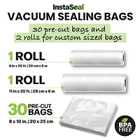 InstaSeal Transparent Sans BPA 2 Rouleaux et 30 Sacs Sous Vide Pré Coupés PA+PE Rangement Alimentaire Sécuritaire pour Congélateur