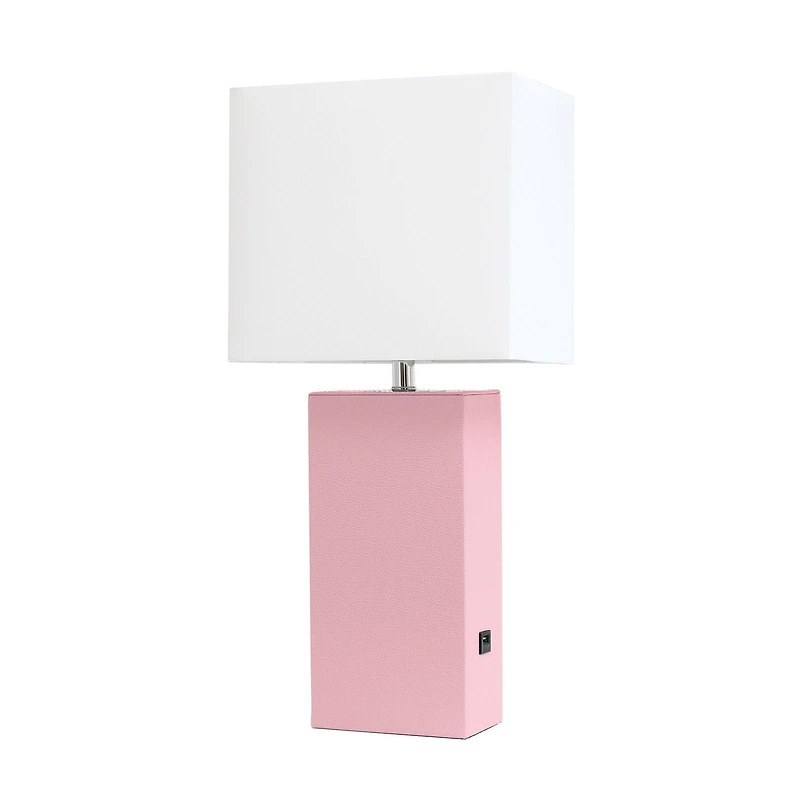 Elegant Designs Modern Leather Table Lamp with USB and White Fabric Shade