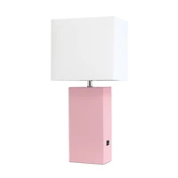 Elegant Designs Modern Leather Table Lamp with USB and White Fabric Shade