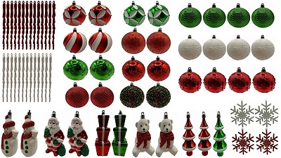 Holiday Time 70 Count Ornament Assortment in Red, Green & White Colors, Various Shapes & Sizes
