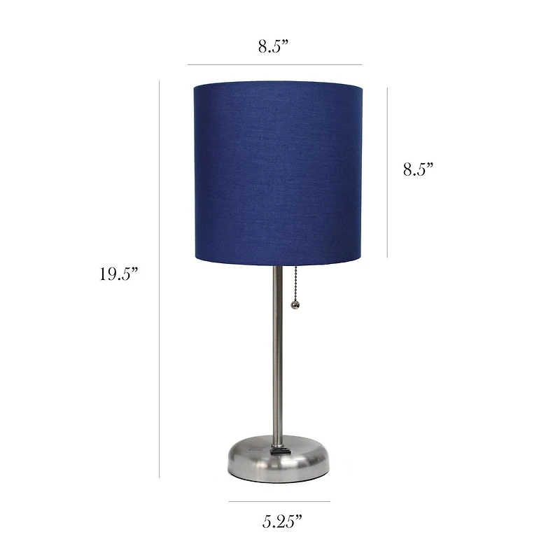 LimeLights Brushed Steel Stick Lamp with Charging Outlet and Fabric Shade 2 Pack Set