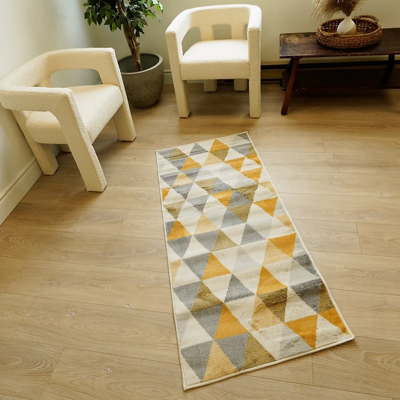 Tapis Branch Savannah 2' x 7' (Taille exacte : 2'3" 7') de couloir moderne du milieu siècle, jaune beige, géométrique pour entrée, couloir, salle bain et cuisine