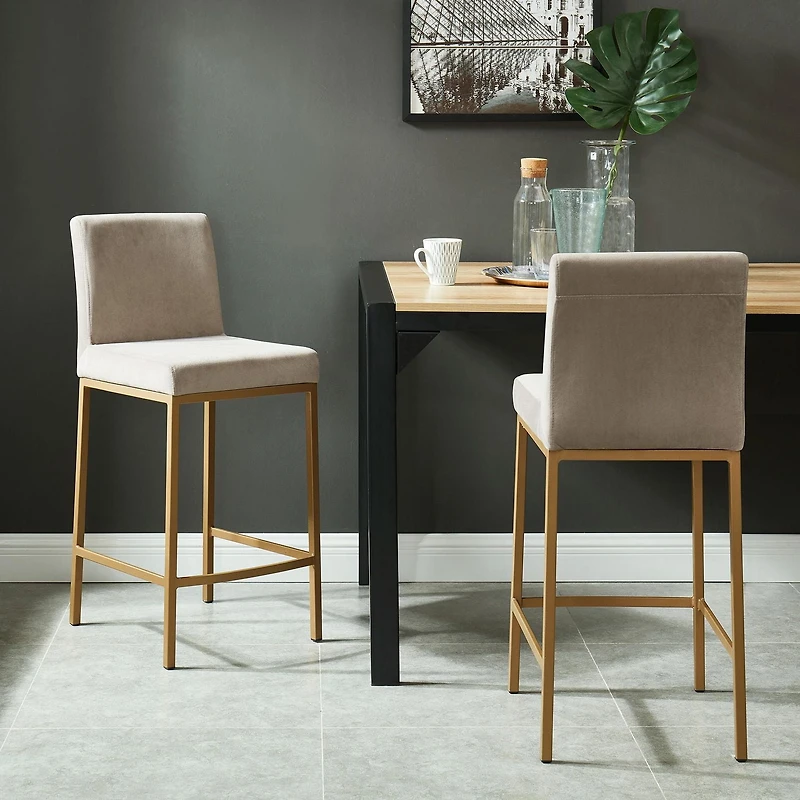 Contemporaine Velours et Métal Tabouret de Comptoir, 26 Po, Jeu de 2 - Beige et Or Vieilli