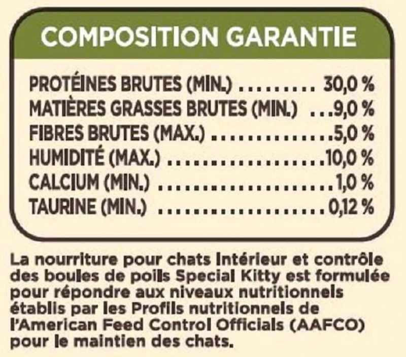 Nourriture sèche Special Kitty pour chats avec formule pour l'intérieur et contrôle des boules de poils