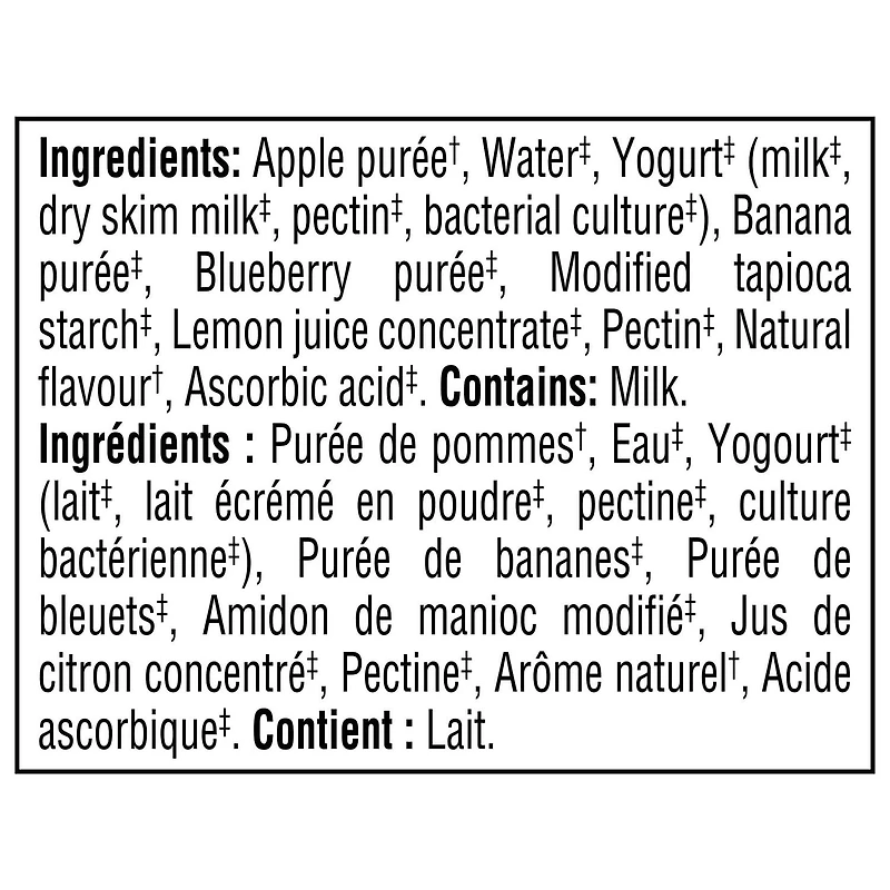 GERBER Purée Pomme, banane, bleuet et yogourt, faite avec du yogourt et de vrais fruits, pour bébés et tout-petits, sans sucre ni sel ajoutés, sans OGM, sachet refermable 94 ml