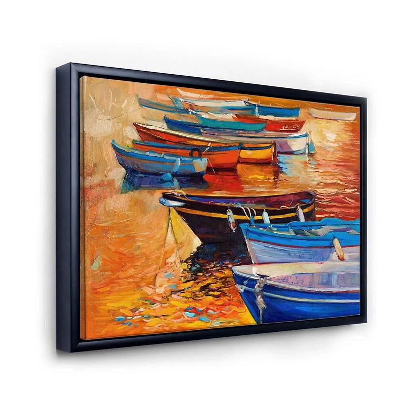 Designart Boats In The Harbor During Warm Colourd Sunset I FLOAT FRAME WALL ART