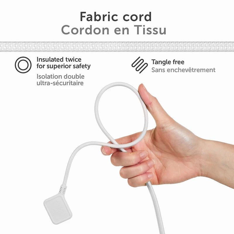 Rallonge électrique en tissu blanc de 3,7 m (12 pi) et de calibre 16/3 à 3 prises avec fiche coudée et crochet intégré de Globe Electric