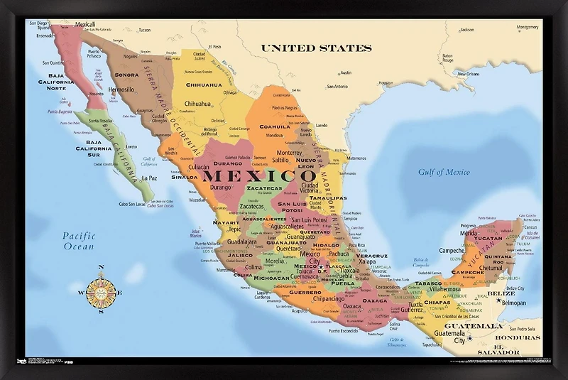 Map - Mexico Wall Poster, 22.375" x 34" Framed