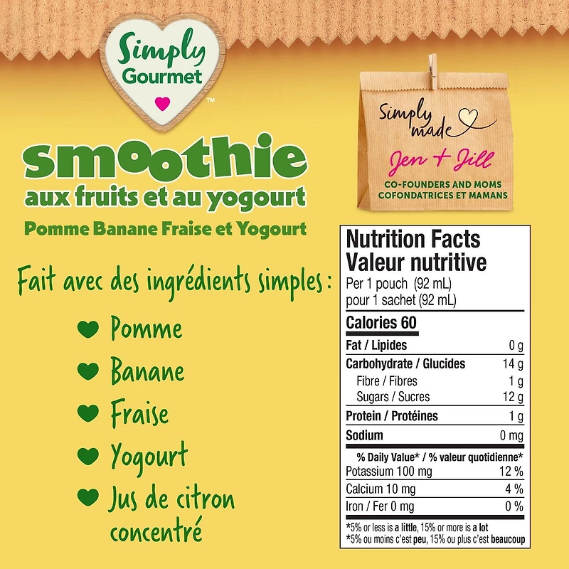 Simply Gourmet Poche de Purée Smoothie Pomme, Banane, Fraise et Yogourt – 6 mois+