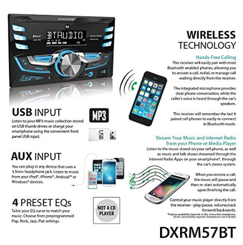 Dual Electronics DXRM57BT Multimedia Detachable Mechless LCD High Resolution Double DIN Car Stereo Receiver with Built-In USB, SD Card, MP3 & WMA Player