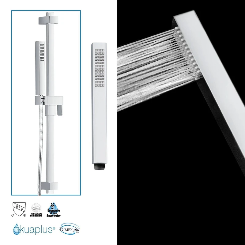 The akuaplus® square thermostatic Shower Set with 4-Way Diverter and with stop, 2 Hand Showers, 2 shower posts, or simultaneously, Chrome Finish.