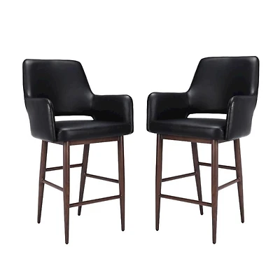 Take Me Home – Tabouret de bar à dossier haut en PU noir style milieu de siècle avec accoudoirs, structure en métal noyer et repose-pieds – Siège robuste et confortable pour cuisine, bar ou salle à ma