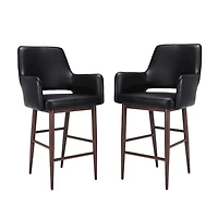 Take Me Home – Tabouret de bar à dossier haut en PU noir style milieu de siècle avec accoudoirs, structure en métal noyer et repose-pieds – Siège robuste et confortable pour cuisine, bar ou salle à ma