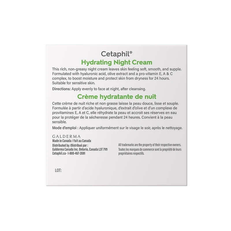 Cetaphil Hydrating Night Cream | Made with Hyaluronic Acid Extract | 24Hr Intense Hydration | For Dry and Sensitive Skin | Fragrance-Free, 48g