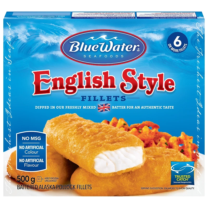 Poisson à l'Anglaise BlueWater Seafoods, Goberge sauvage, Congelé, 6 morceaux, Emballage de 500 g Filets de goberge sauvage à l'Anglaise