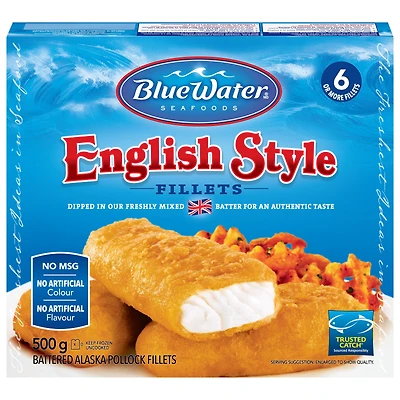 Poisson à l'Anglaise BlueWater Seafoods, Goberge sauvage, Congelé, 6 morceaux, Emballage de 500 g Filets de goberge sauvage à l'Anglaise