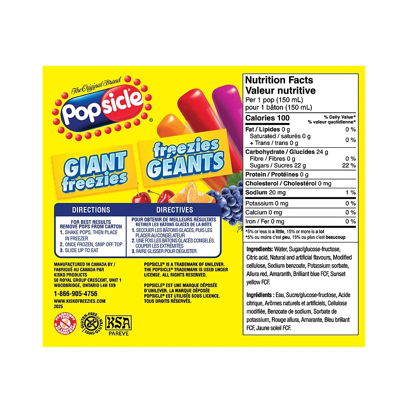 Popsicle Giant Freezies - Orange, Cherry, Grape - 27 x 150 ml, 27 x 150 ml