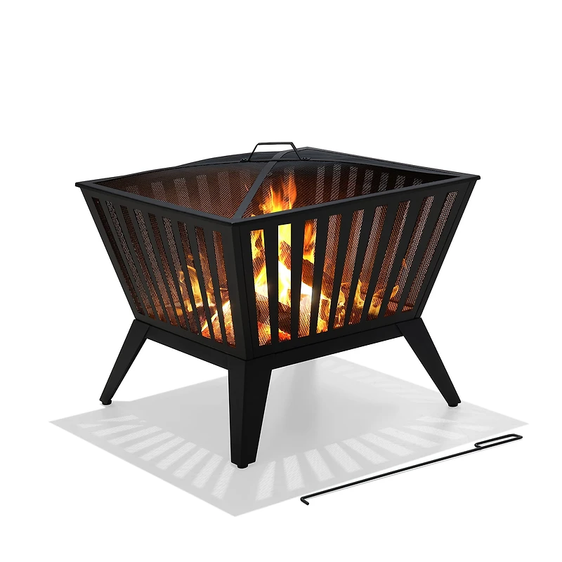 Sunjoy Foyer à bois de 71 cm en acier noir avec tisonnier et housse grillagée