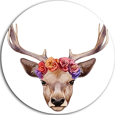 Art mural en métal Design Art Portrait de cerf avec tête florale ultra brillant en cercle