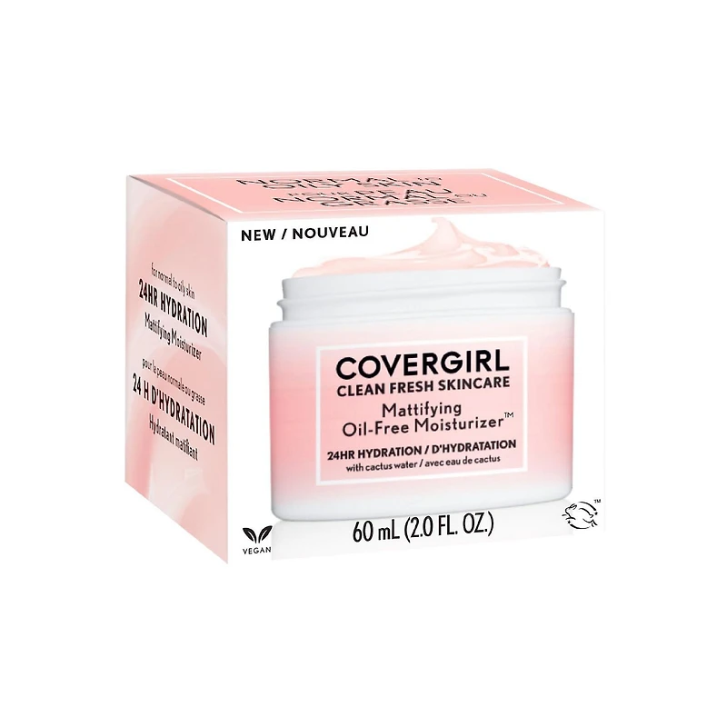 COVERGIRL Clean Fresh Skincare Mattifying Oil-Free Moisturizer, 60ml. Mattifying face moisturizer formulated with Cactus Water for 24HR Balanced Hydration, 100% Vegan & Cruelty-Free, 60ML Moisturizer