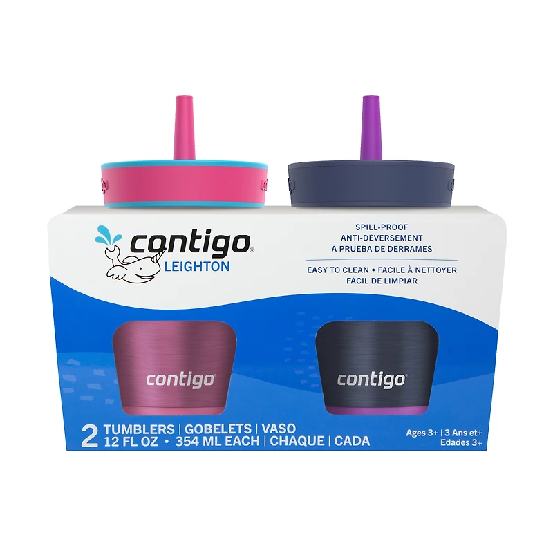 Gobelet antidéversement pour enfants Contigo Leighton en acier inoxydable avec paille, 12 oz (354 ml), azalée et violet,, ensemble de 2