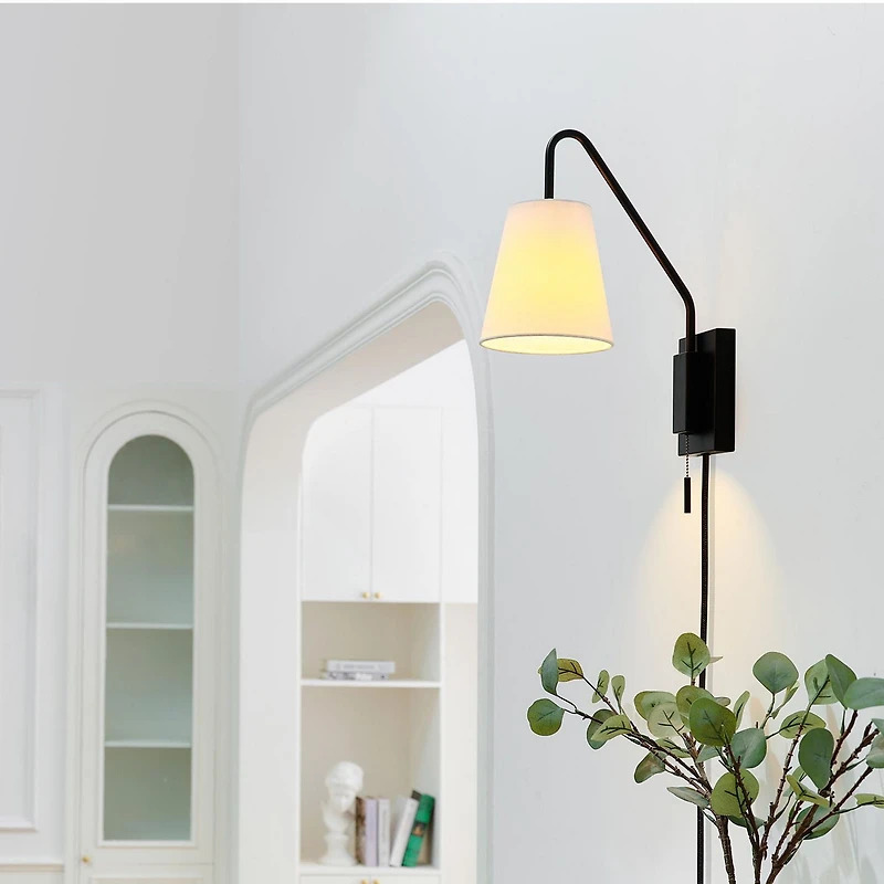 1-Light Matte Black Swing Arm Plug-In or Hardwire Wall Sconce with White Fabric Shade
