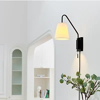 1-Light Matte Black Swing Arm Plug-In or Hardwire Wall Sconce with White Fabric Shade