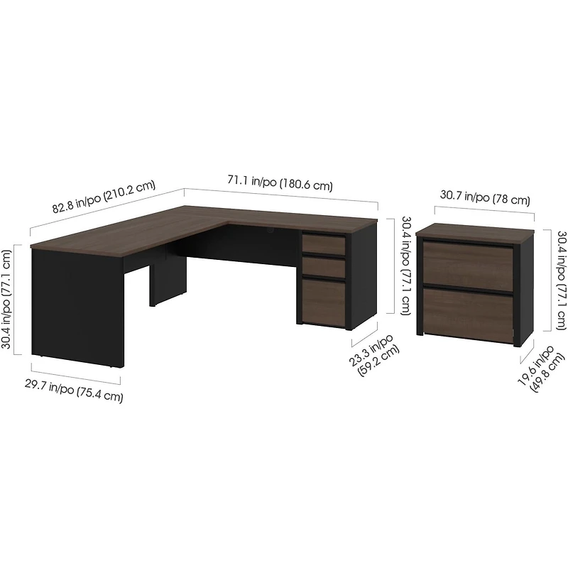 Bestar Connexion 2-Piece set including an L-shaped desk and a lateral file cabinet in antigua & black