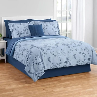 Mainstays Soft Touch Bed in a Bag 11-Piece Reversible Blue Floral Comforter Set with Sheets, Full, All-in-one, full-sized comforter and sheets