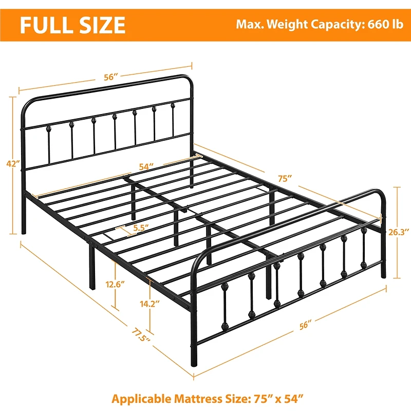 Fullfurnique Metal Platform Bed with High Headboard and Footboard, Queen, Black