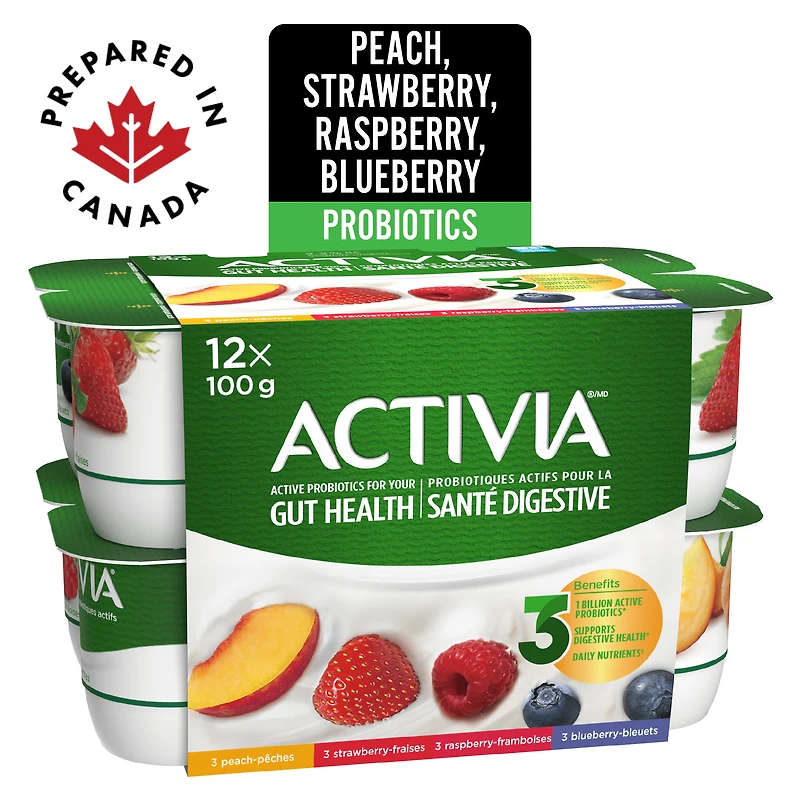 Activia Probiotic Yogurt, Strawberry/Blueberry/Raspberry/Peach, 12 x 100 g