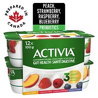 Activia Probiotic Yogurt, Strawberry/Blueberry/Raspberry/Peach, 12 x 100 g