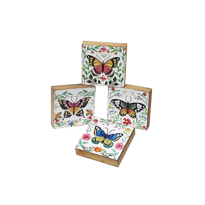IH Casa Decor Carré En Bois Blocks Papillon Asstd - Ensemble De 4