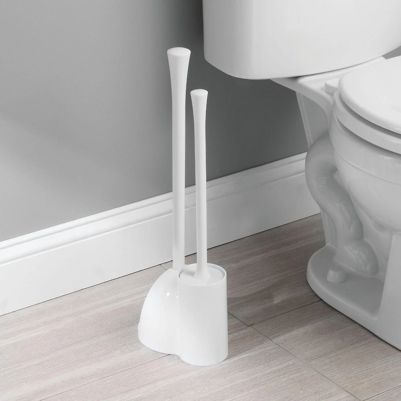 Mainstays Una Valet WC, balayette à Toilettes et Ventouse WC en Plastique pour Le ménage, lot WC hygiénique Discret pour la Salle de Bain, Blanc Brosse et piston à bol mince