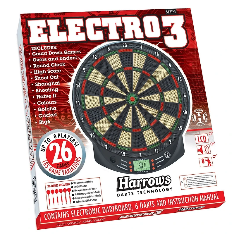 Harrows Electro 3 Soft‑Tip Electronic Dartboard – Indoor Game, Auto‑Scoring, 26 Games/185 Variations, 6 Soft‑Tip Darts, Up to 8 Players.