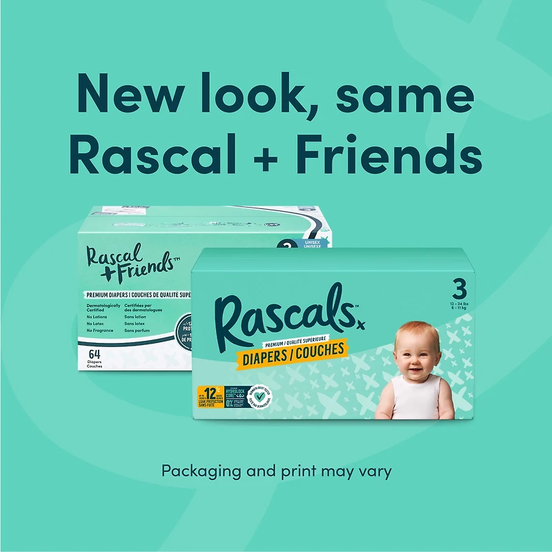 Rascals Premium Diapers, Size 6, Small Carton, 44 Count, Preemie to Size 7