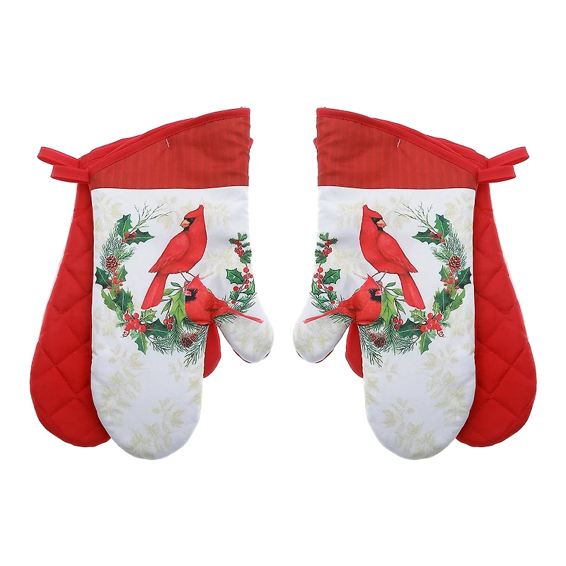 14" Oven Mitts (2Pcs) (Cardinals Perched On Wreath) - Set of 2