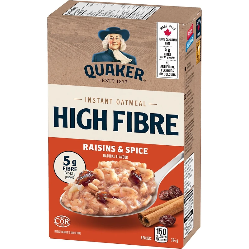 Quaker Gruau instantané Teneur élevée en fibres Raisins secs et épices 344 g.