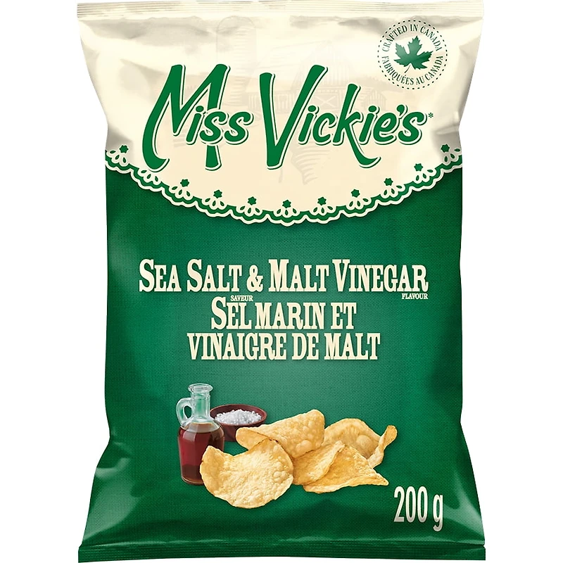 Miss Vickie's Sea Salt & Malt Vinegar flavour kettle cooked potato chips, 200GM