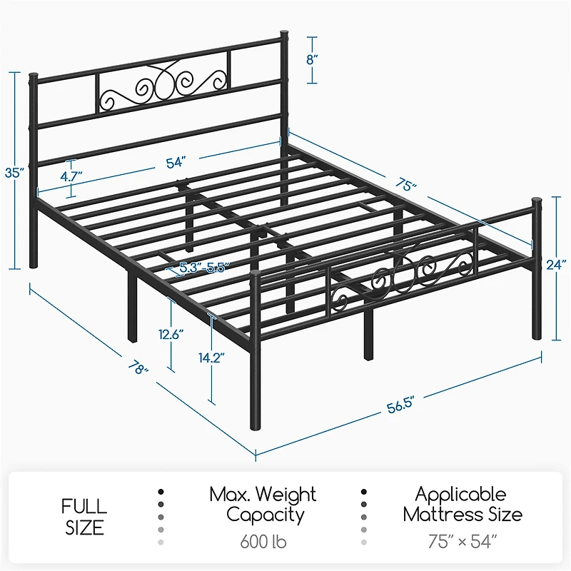 Fullfurnique Metal Platform Bed Frame with Scroll Headboard and Footboard, Queen, Black