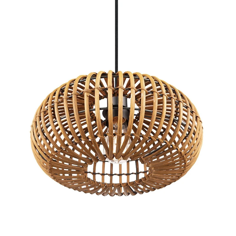 Novogratz x Globe Electric Trancoso 1-Light Metal Pendant Light, Rattan Shade, Black Socket, Black Fabric Hanging Cord, 61063