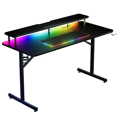 Bureau de jeu LED GTRACING Lumina Elite avec ports USB et prises électriques, pour maison et bureau, support d'écran et charge sans fil, Noir