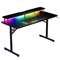 Bureau de jeu LED GTRACING Lumina Elite avec ports USB et prises électriques, pour maison et bureau, support d'écran et charge sans fil, Noir