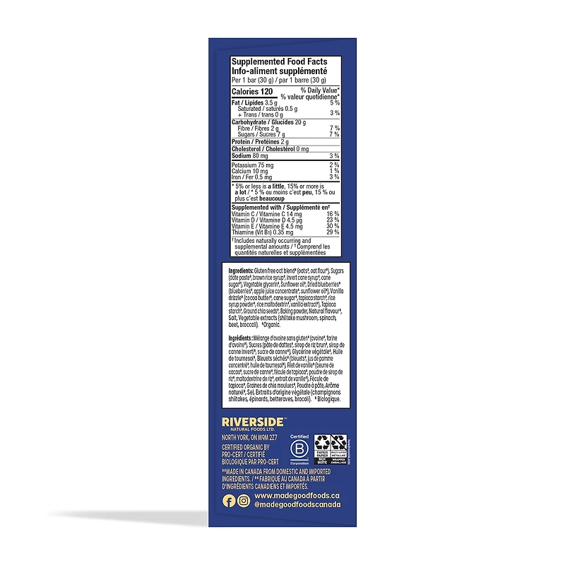 MadeGood Barres moelleauses à l'avoine Saveur de bleuets Boîte de 5 barres 5 x 30 g