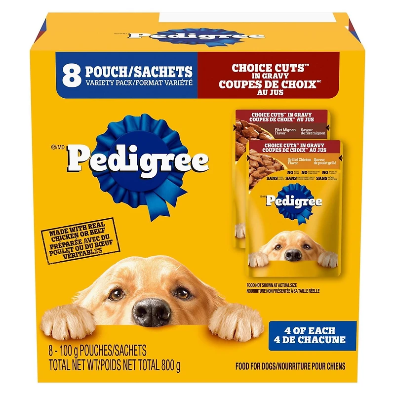 Pedigree Adult Wet Dog Food Choice Cuts in Gravy Filet Mignon and Grilled Chicken Flavour Pouch Variety Pack, 8x100g