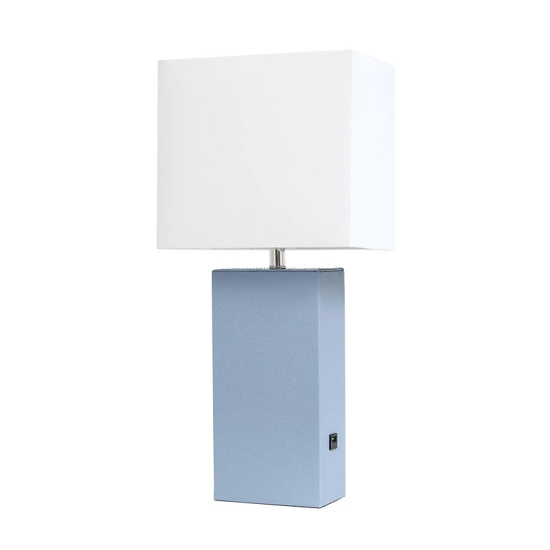 Lampe de table design moderne en cuir élégant avec abat-jour USB et tissu blanc