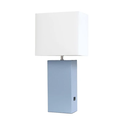 Lampe de table design moderne en cuir élégant avec abat-jour USB et tissu blanc