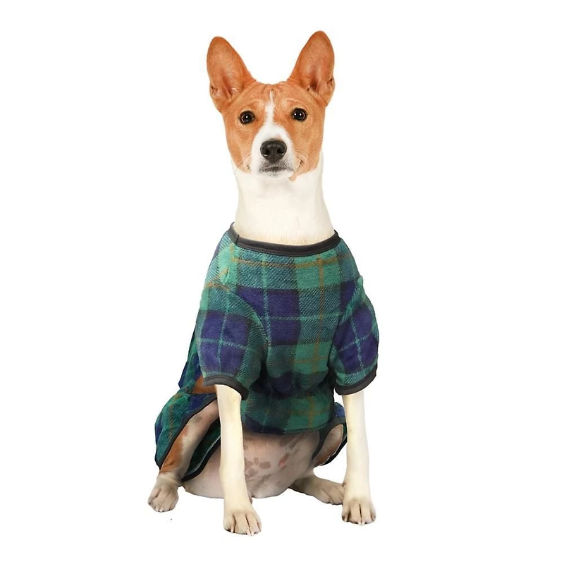 Way to Celebrate Vêtements pour chiens : Pyjama en molleton pour chiens, carreaux bleu et vert avec une sérigraphie flocon de neige, taille XS-XL